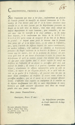 Notification de l'Assemblée générale des représentants provisoires du peuple souverain du pays de Namur à une commune demandant le renvoi d'un député communal pour absence à l'Assemblée des représentants provisoires du peuple souverain de la Province de Namur et postulant l'envoi d'un nouveau représentant.