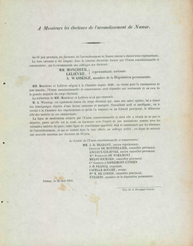 Deux appels à voter pour les candidats de l'Union constitutionnelle et conservatrice de l'arrondissement de Namur.