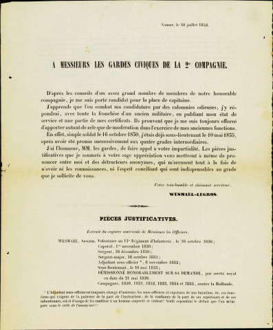 Document dans lequel Adolphe Wesmael-Legros répond aux attaques qu'il doit subir de la part de certains, dans le cadre de sa candidature au grade de capitaine des Gardes civiques de la 2e compagnie.