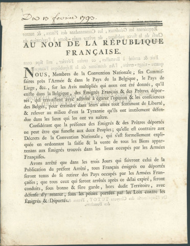 Annonce à la population de l'obligation faite aux Français émigrés ou déportés de quitter les pays occupés par les armées françaises. Signé Camus, Delacroix, Gossuin, Danton, Merlin (de Douay), Treilhard.