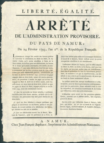 Arrêté de l'administration provisoire du pays de Namur sur la surveillance de la redistribution des gages au mont-de-piété. Signé Scipion Bexon, N. Tassin président, Quevreux secrétaire-général.