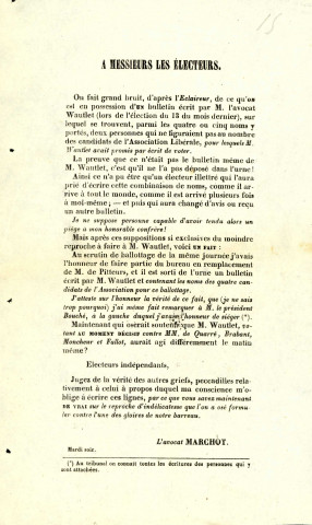 Lettre de Victor Marchot dans laquelle ce dernier prend la défense de l'avocat Julien Wautlet accusé d'avoir voté pour deux personnes qui ne faisaient pas partir des candidats de l'Association libérale.