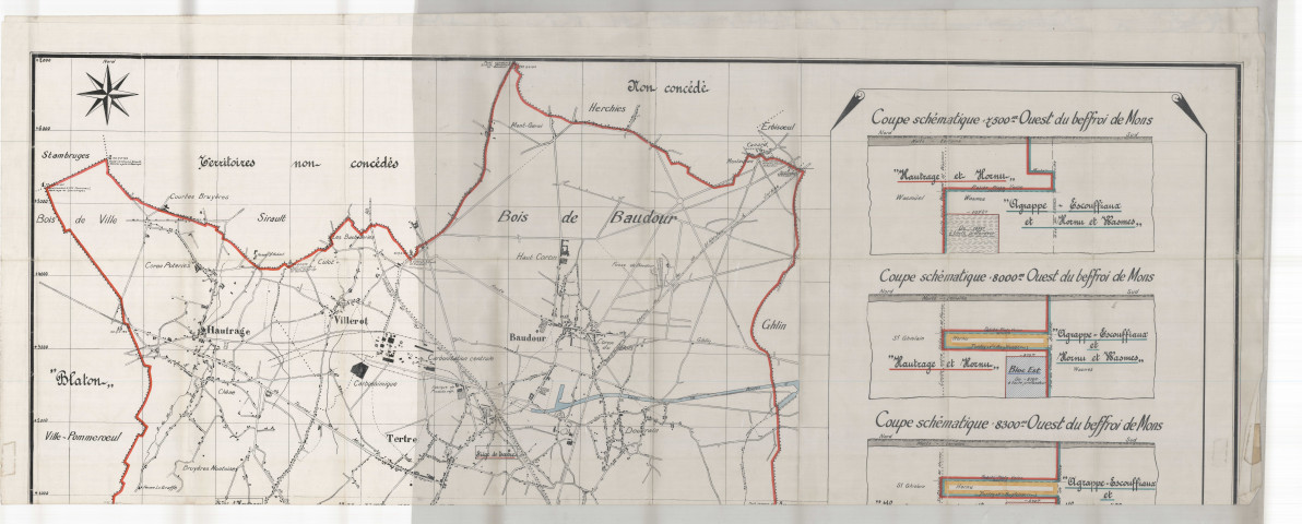 Plan de surface (...) annexée à la requête collective de la Sté Ame des Charbonnages du hainaut, à Hautrage, et de la Sté Ame John Cockerill (Division des Charbonnages Belges, à Frameries) (...) tendant à obtenir l'autorisation d'échanger le long de la limite commune à leurs concessions respectives de "Hautrage et Hornu", et de "Agrappe-Escouffiaux et Hornu et Wasmes", certaines parties des dites concessions.