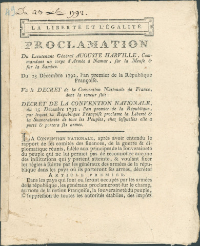 Proclamation du lieutenant-général Auguste Harville de la souveraineté du peuple de Belgique dans le comté de Namur, en vertu du décret de la Convention nationale du 15 décembre 1792.