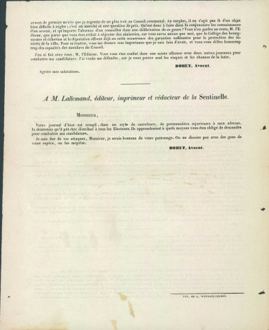 Réponse du candidat Martin Dohet à L'Éclaireur du 13 janvier 1855.