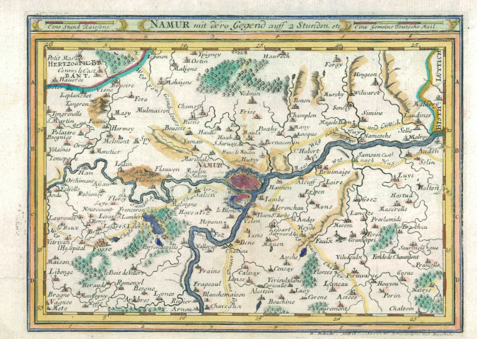 Namur mit dero Gegend auff 2 Stunden, etc.
G. Bodenehr fec. et exc. cum Grat. et priv. Sac. Caes. Majestatis.