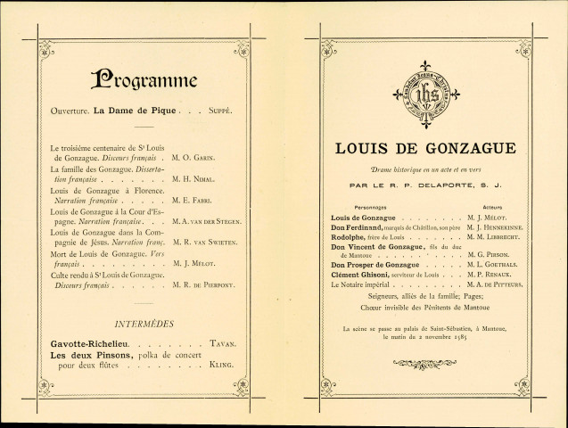 Invitation à participer à la séance littéraire et dramatique donnée, le 19 juin 1891, par les académiciens de poésie et de rhétorique du collège Notre-Dame de la Paix de Namur, à l'occasion du 3e centenaire de la mort de saint Louis de Gonzague. (2 exemplaires).