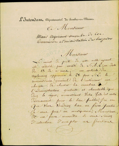 Lettre de l'Intendant départemental de Sambre-et-Meuse à Monsieur Maus qui lui demande d'être administrateur du Mont-de-Piété de la ville.