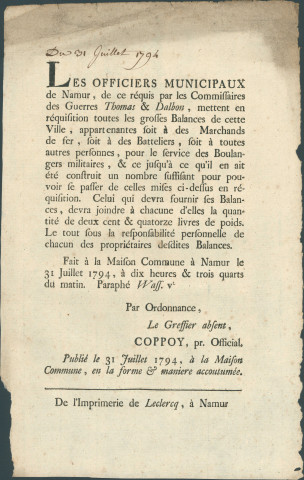 Annonce des officiers municipaux de Namur réquisitionnant toutes les grosses balances pour les boulangers militaires. Signé Coppoy.