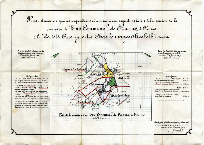 Plan dressé en quatre expéditions et annexé à une requête relative à la cession de la concession de "Bois Communal de Fleurus", à Fleurus, à la "Société Anonyme des Charbonnages Elisabeth", à Auvelais.-