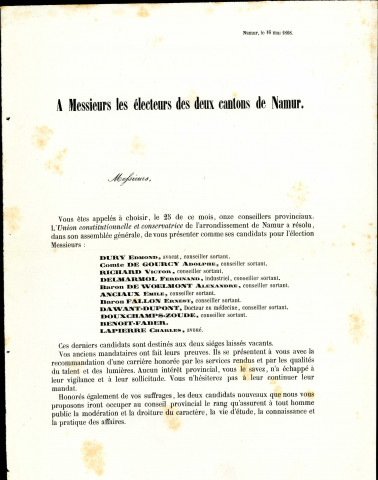 Appel à voter pour les candidats de l'Union constitutionnelle et conservatrice de l'arrondissement de Namur.