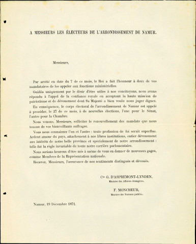 Appel à voter pour le comte Guillaume d'Aspremont-Lynden et pour François Moncheur, candidats de l'Union constitutionnelle et conservatrice de l'arrondissement de Namur.