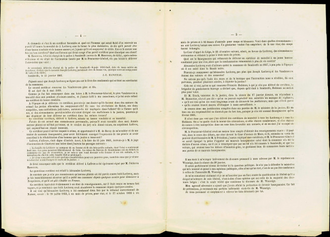 Supplément de L'Organe de Namur et de la province, sans doute de 1862, reproduisant la réponse de G. Février, bourgmestre de Sombreffe, « aux accusations articulées contre lui par M. de Bavay, Procureur-Général, et M. Wasseige, membre de la Chambre des Représentants. ». Ce conflit porte sur des certificats de moralité qui ont été délivrés à des habitants de Sombreffe.