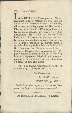 Annonce des officiers municipaux de Namur invitant les habitants qui ont livré des céréales à présenter les bons ou reçus au bureau établi à cet effet. Signé Coppoy.
