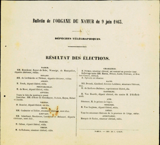 Bulletin de L'Organe de Namur et de la province du 9 juin 1863 présentant le résultat des élections.