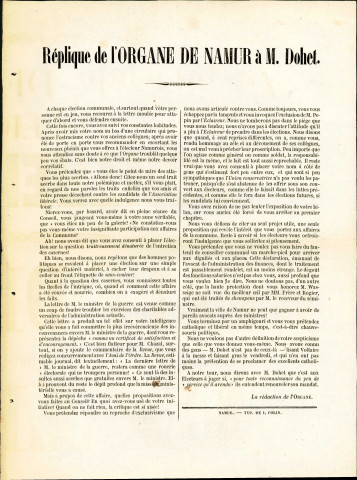 Réplique de L'Organe de Namur et de la province à Martin Dohet.