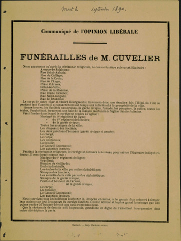 Communiqué de L'Opinion libérale de Namur et de la province concernant le programme des obsèques du bourgmestre Émile Cuvelier. Mention manuscrite : « mort le& septembre 1890 ».