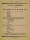 Communiqué de L'Opinion libérale de Namur et de la province concernant le programme des obsèques du bourgmestre Émile Cuvelier. Mention manuscrite : « mort le& septembre 1890 ».