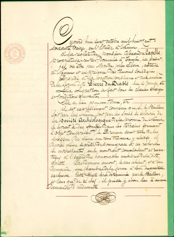 Location de la ferme de la Pierre du Diable par Monsieur Alexandre Capelle. Extrait destiné à la Société archéologique de Namur. Étude de Maître J. Éloin, notaire à Namur, rue du Président 16.