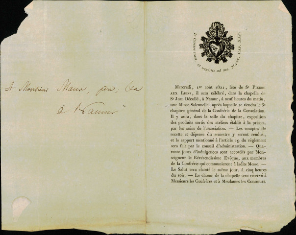 Invitations aux messes puis aux chapitres généraux de la Confrérie de la Consolation qui auront lieu de 1821 à 1830