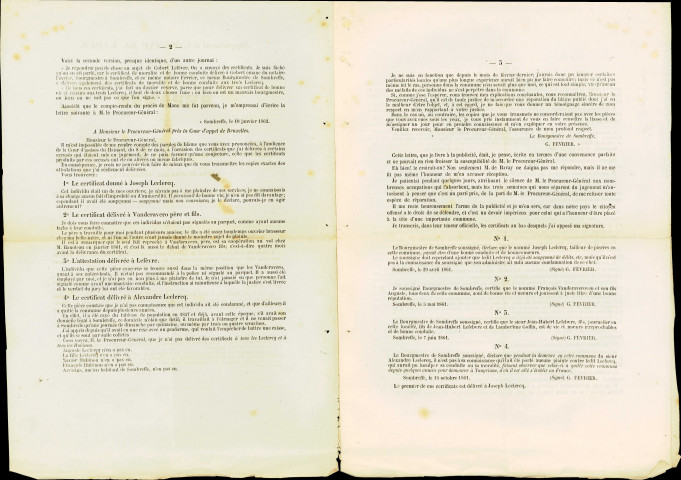 Supplément de L'Organe de Namur et de la province, sans doute de 1862, reproduisant la réponse de G. Février, bourgmestre de Sombreffe, « aux accusations articulées contre lui par M. de Bavay, Procureur-Général, et M. Wasseige, membre de la Chambre des Représentants. ». Ce conflit porte sur des certificats de moralité qui ont été délivrés à des habitants de Sombreffe.