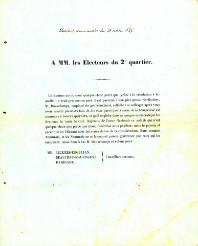 Lettre aux électeurs du deuxième quartier dans laquelle François-Joseph Beckers-Kegeljan, Héliodore-Antoine Bauchau-Maurissens et Jules Darrigade demandent de ne pas voter pour Henri Douxchamps.