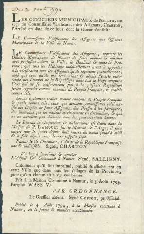 Annonce des officiers municipaux de Namur publiant l'arrêté du commissaire vérificateur des assignats Charton. Vérification par le bureau de vérification et déclarations chez P. Lamquet marché de l'Ange. Signé Coppoy.