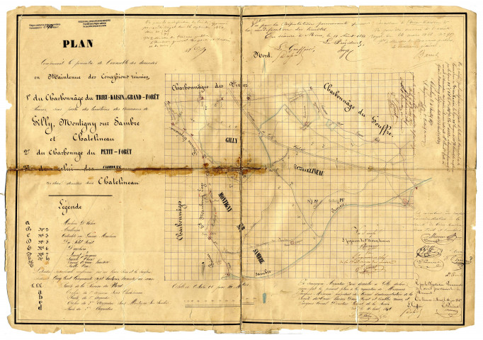 Plan Comprenant le périmètre de l'ensemble des demandes en Maintenue des Concessions réunies,
1° du Charbonnage du Trieu-Kaisin et Grand-Forêt Réunis sous partie des territoires des Communes de Gilly, Montigny sur Sambre et Chatelineau
2° du Charbonnage du Petit-Forêt
3° de celui des Combles
ces deux derniers sous Chatelineau.