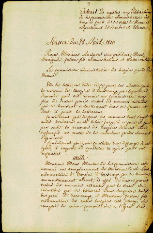 Extrait des registres aux délibérations de la Commission administrative des hospices de la ville de Namur. Séance du 28 août 1810. Nomme Mr Maus ordonnateur de l'hospice d'Harscamp et Monsieur Fallon fils ordonnateur des hospices Saint-Gilles et des Malades.