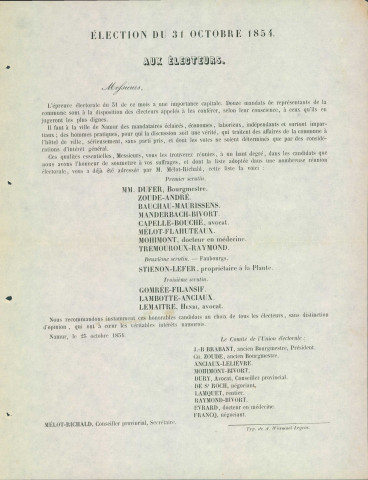 Liste des candidats établie par le Comité de l'Union électorale.