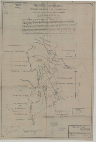 Plan de la concessionn d'Aiseau-Presles dépendant des communes de Roselies, Farciennes, Aiseau, Pont de Loup et Presles avec indication de la partie de concession que la société anonyme des charbonnages réunis de Roton-Farciennes et Oignies-Aiseau à Tamines, cède à la société anonyme du charbonnage d'Aiseau-Presles à Farciennes