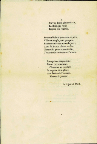 Texte de la cantate, intitulée : À Namur, qui a été composée, le 4 juillet 1852, à l'occasion de l'ouverture du Bazar industriel et artistique.