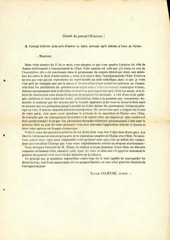 Extrait du journal L'Éclaireur reproduisant une lettre que l'avocat Xavier Lelièvre adresse à L'Ami de l'Ordre. Dans ce courrier, l'avocat dénie aux ministres du culte tout droit d'intervention «à titre d'autorité» dans l'enseignement de l'État.