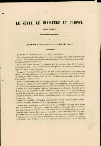 Dialogue entre Alfred et Nicolas sur le Sénat, le ministère et l'impôt.