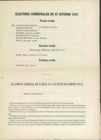 Supplément à La Revue de Namur du 25 octobre 1857 appelant à voter pour les candidats du Comité libéral de Namur.