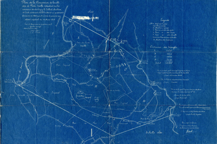 Plan de la Concession de houille dite de Forte-Taille, s'étendant sur les communes de Montigny-le-Tilleul, Marbaix, et Gozée, contenant dix kilomètres et un quart carrés demandée en 1806 par M. Cossée et accordée par décret impérial du 14 mars 1808.