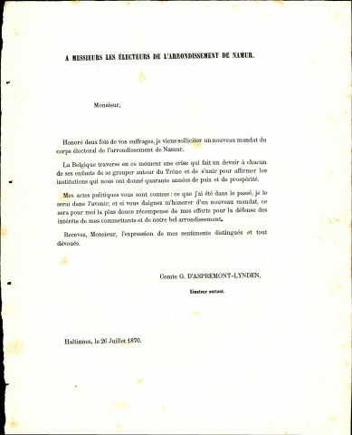 Tract électoral du comte Guillaume d'Aspremont-Lynden.