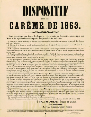 Affiche, signée par l'évêque de Namur ainsi que par son secrétaire, énonçant l'ensemble des permissions accordées lors du carême de 1863.