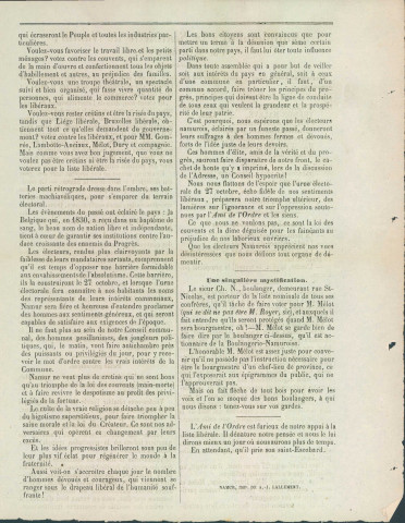 Supplément de La Sentinelle du 24 octobre 1857 appelant à voter pour les candidats de l'Association libérale de Namur.