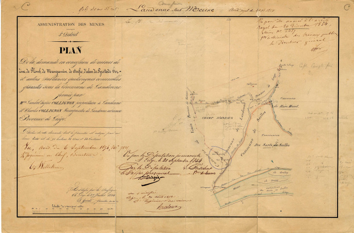 Plan joint à la demande en concession de mines de zinc, de Plomb, de Manganèse de Soufre, d'Alun, de Pyrites de fer et autres substances quelconques concessibles, que forment Messieurs Lambert Eugène Collignon, propriétaire, Charles Collignon propriétaire et Bourgmestre, tous deux domiciliés à Landenne,...