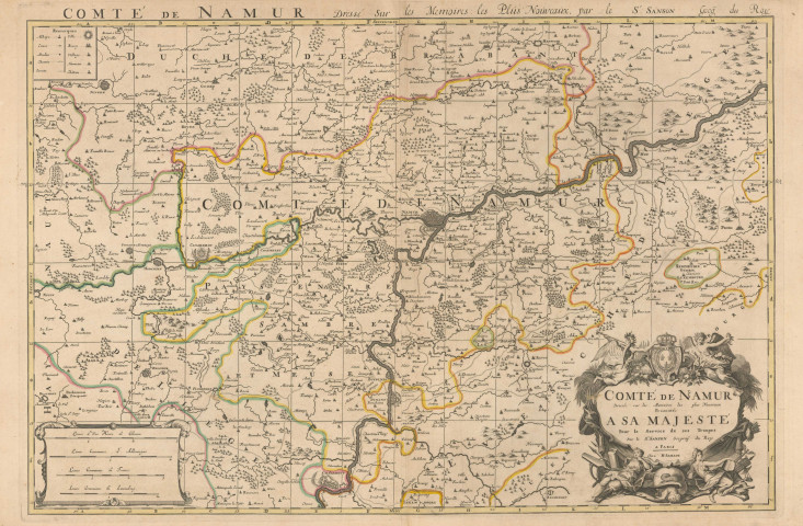 Comté de Namur Dressé sur les Memoires les plus Nouveaux, par le Sr Sanson Geog du Roy (inscription hors cadre) Comté de Namur Dressé sur les Memoires les plus Nouveaux Presentés à Sa Majesté Pour le Service de ses Troupes Par le Sr Sanson, Géograp. du Roy A Paris Chez Jaillot.