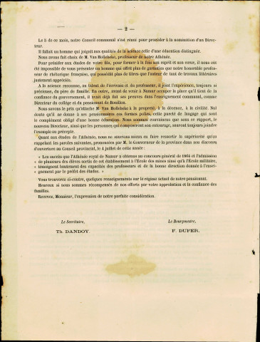 Lettre, imprimée et signée par le bourgmestre, François Dufer, ainsi que par le secrétaire communal, Adrien-Théodore Dandoy, décrivant la nouvelle organisation du pensionnat de l'Athénée royal de Namur, géré, à l'avenir, par un bureau administratif dépendant de l'autorité communale.