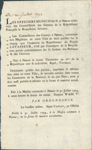 Annonce des officiers municipaux de Namur publiant, à la demande des commissaires des guerres de la République, le texte précisant que l'intention du représentant du peuple Levasseur n'est pas d'exempter "de la réquisition portée précédemment sur le sixième des bestiaux et des chevaux". Signé Coppoy.