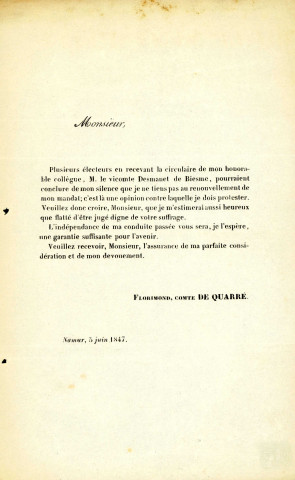 Deux documents, dont une lettre du comte Florimond de Quarré, appelant à voter pour ce dernier.