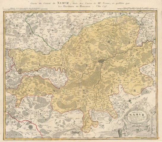Carte du Comté de Namur, tirée des Cartes de Mr Friexe, et publiée par les Héritiers de Homann, l'An 1746. Comitatus Namur Tabula Geographica ex mappis Frixianis de promata, et hinc inde correctior reddita per Homannianos Heredes. Norimb. A. 1746.