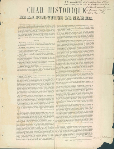 Description du cortège historique qui a été envoyé, selon une mention manuscrite sur le document, à Bruxelles, le 21 juillet 1856, aux fêtes commémorant le 25e anniversaire de l'indépendance de la Belgique. Toujours selon ce texte manuscrit, le char présenté est l'œuvre de Jules Borgnet et a été confectionné par quelques membres de la Société archéologique de Namur. Ce cortège a défilé dans les rues de Namur, le 5 août 1856 (2 exemplaires).