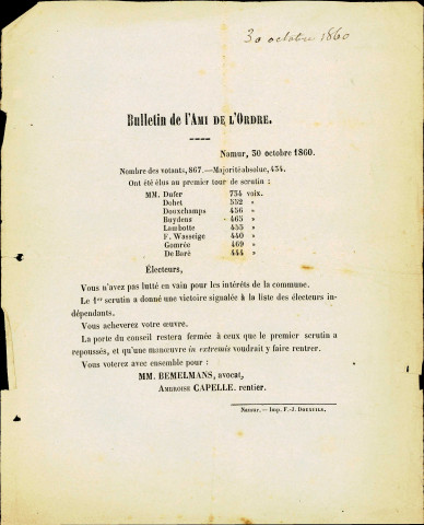 Bulletin de L'Ami de l'Ordre donnant les résultats des élections.