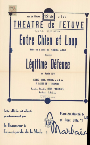 Saison 57-58. Entre Chien et Loups de Gabriel Arout (Première 14 décembre 1957)