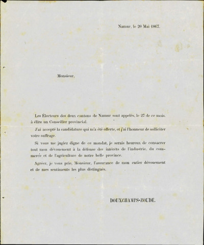 Tract électoral de Ignace-Joseph Douxchamps-Zoude.