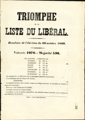 Résultats des élections du 26 octobre 1869 avec, comme titre, « Triomphe de la liste du libéral ».